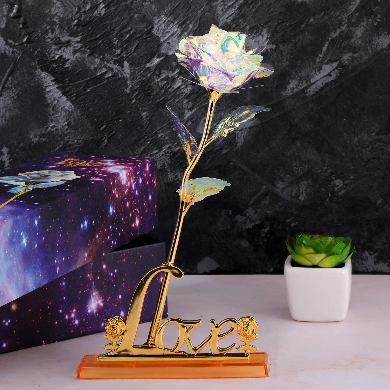 24K Almunium Foil Plated Gold Rose, Glided Gold Crystal Artificial Rose, Plastic Colorful Rose With Love Shape Base for Valentine's Day 24K Almunium Foil Plated Gold Rose, Glided Gold Crystal Artificial Rose, Plastic Colorful Rose With Love Shape Base for Valentine's Day
